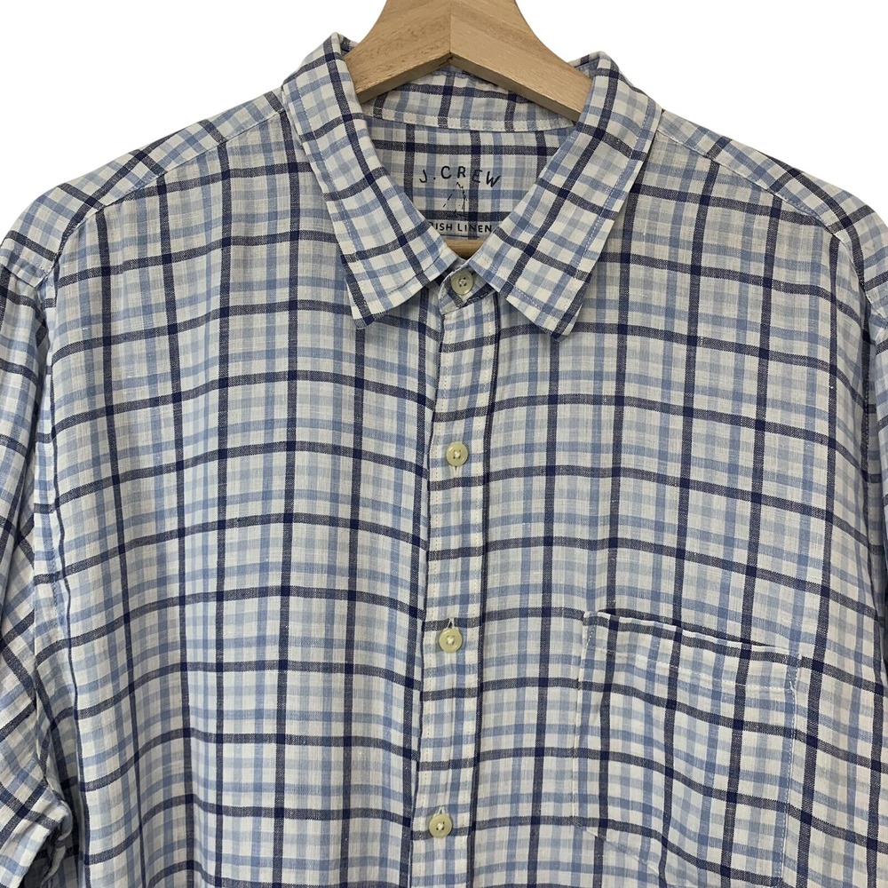 J Crew Plaid Blue Irish Linen Button Up Shirt Men XL Long Sleeve Travel Work